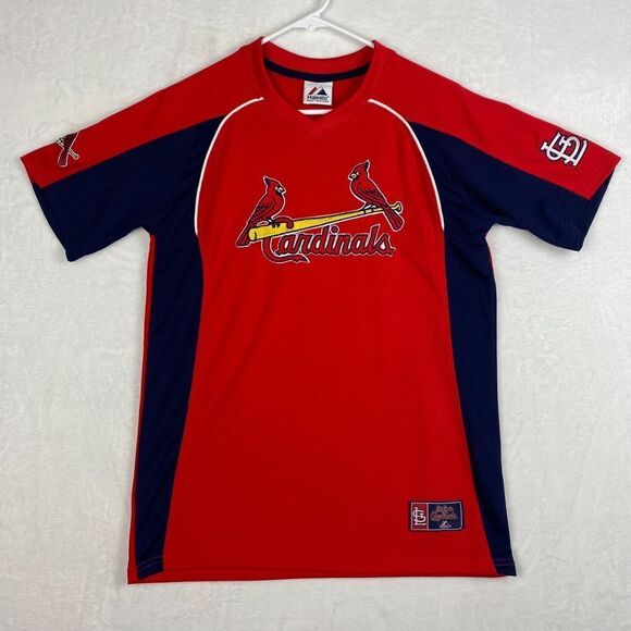 Majestic St. Louis Cardinals Shirt Mens Red Blue Short Sleeve V-neck Logo MLB - Picture 1 of 9